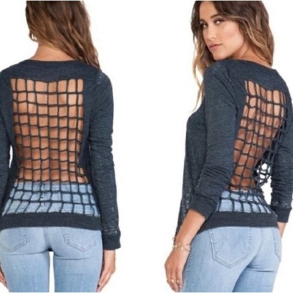 Chaser Grid Open Back Tee Long Sleeve Scoop Neck Cream Size Small NWT - Picture 8 of 8